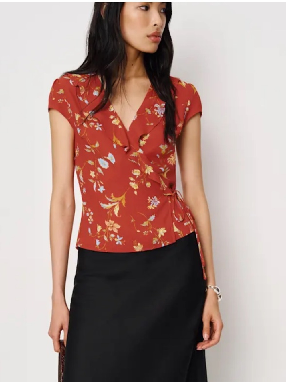 Reformation Clemence Red Floral Short Sleeve Top